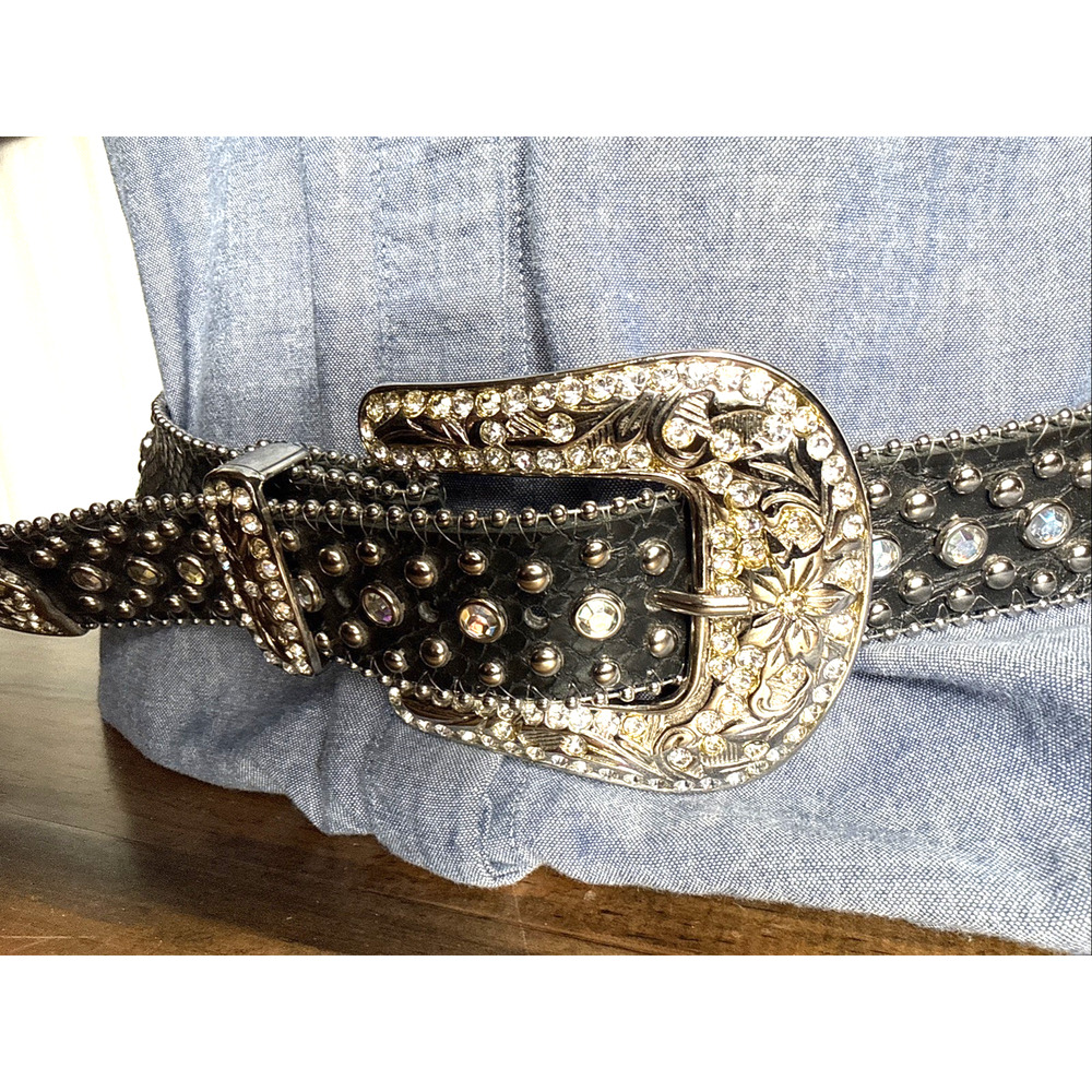 Fancy Bejeweled Cowgirl Belt Leather Black Silver Size M/L Bling Accessory EUC - Picture 2 of 8